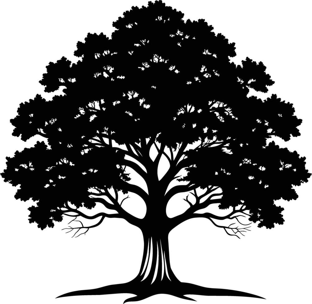 A oak tree with roots silhouette black vector