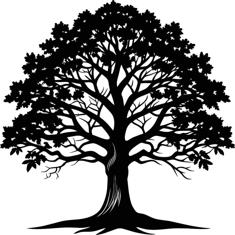 A oak tree with roots silhouette black vector