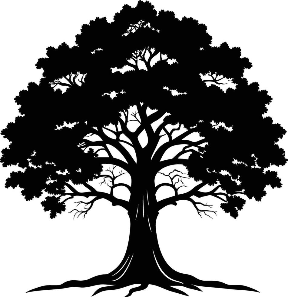 A oak tree with roots silhouette black vector