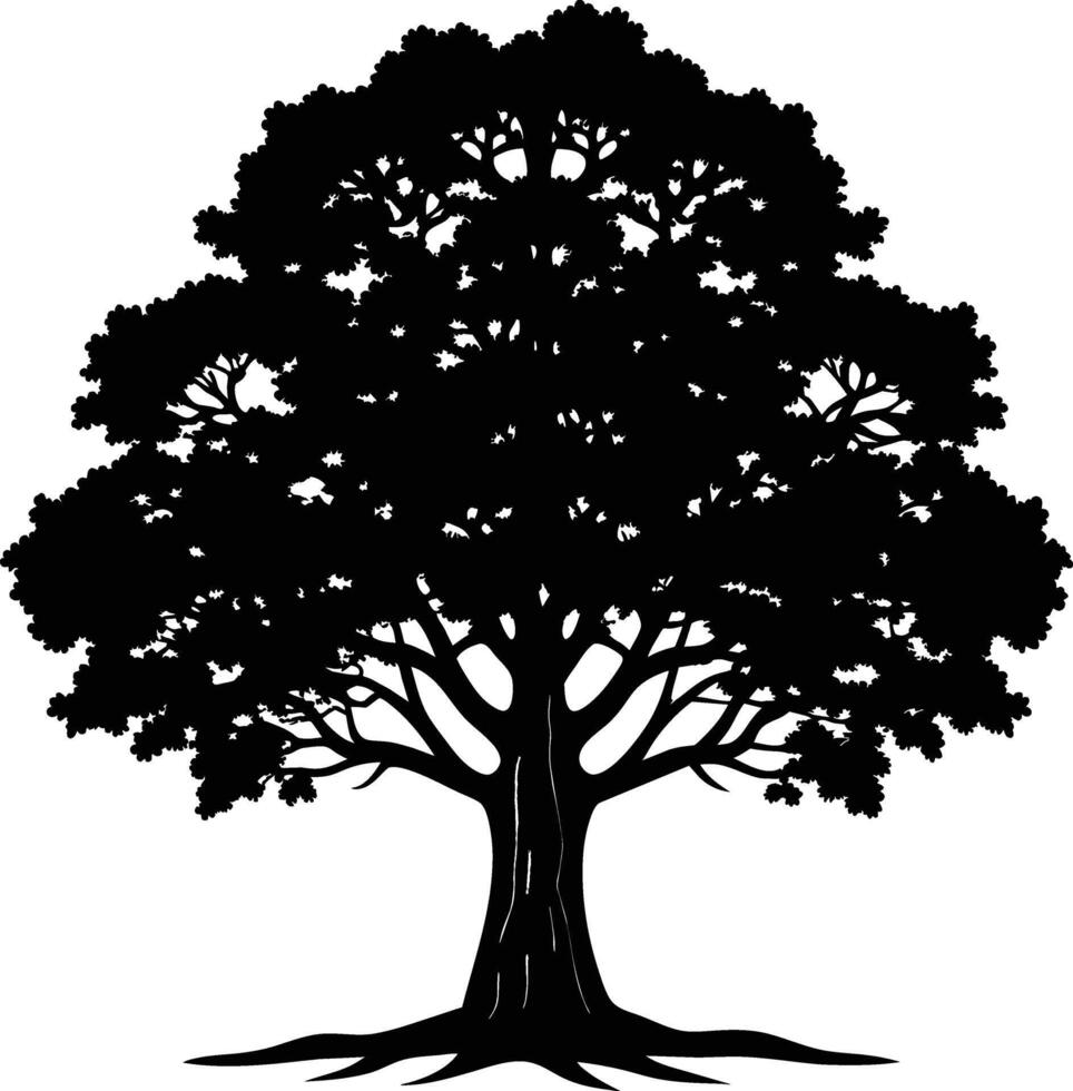 A oak tree with roots silhouette black vector
