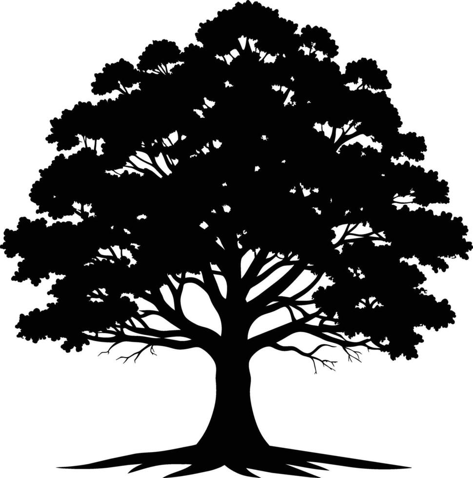 A oak tree with roots silhouette black vector