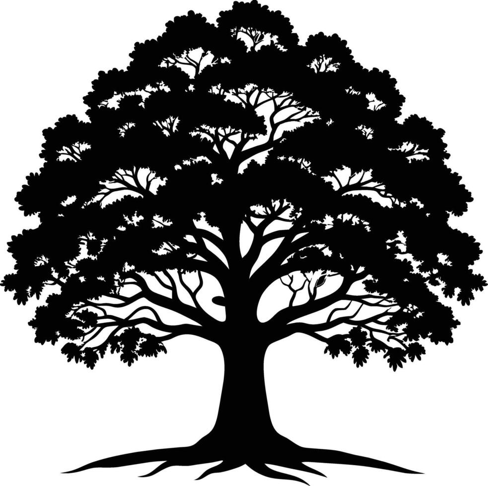 A oak tree with roots silhouette black vector