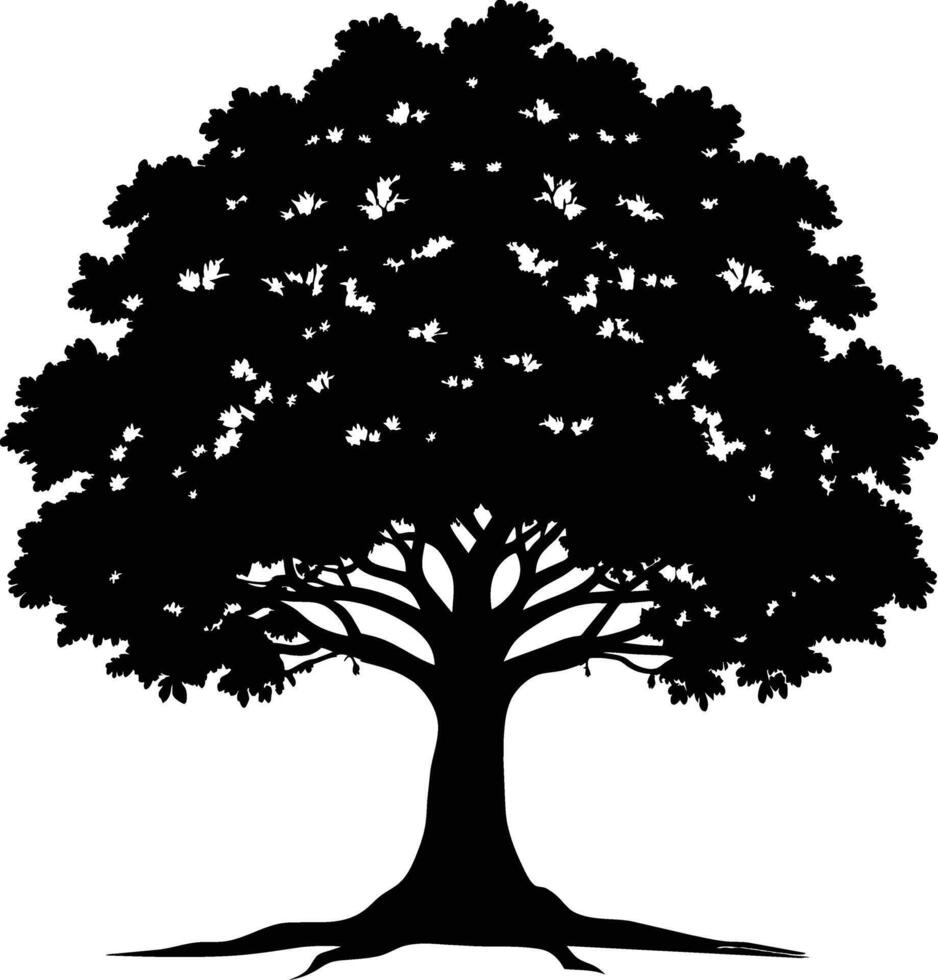 un roble árbol con raíces silueta negro vector