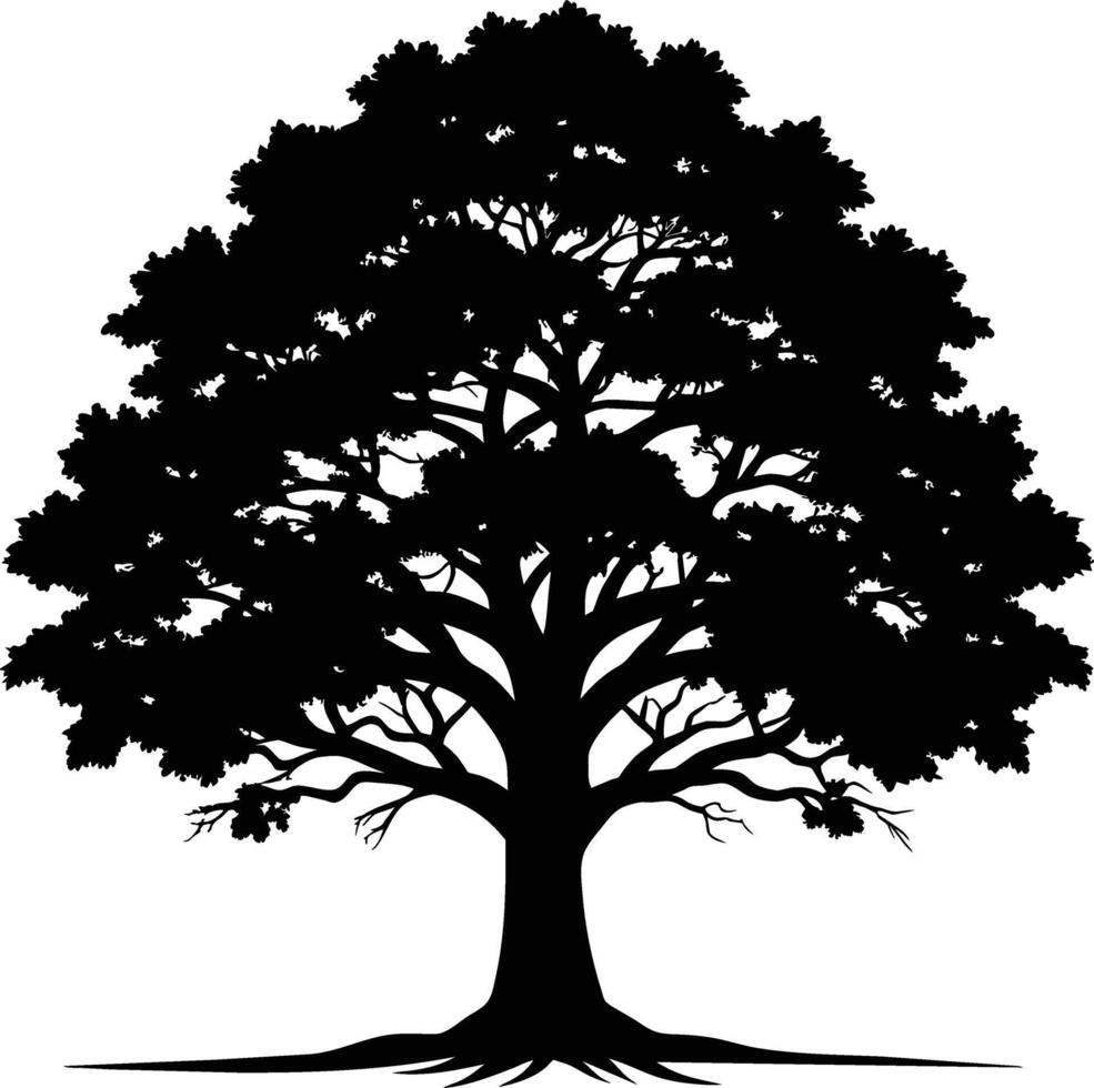 un roble árbol con raíces silueta negro vector