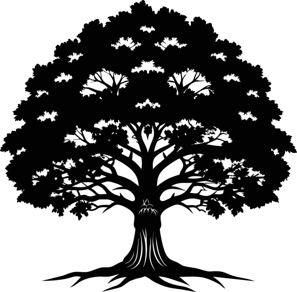 A oak tree with roots silhouette black vector