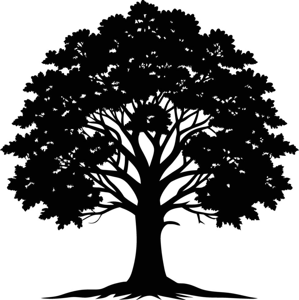A oak tree with roots silhouette black vector