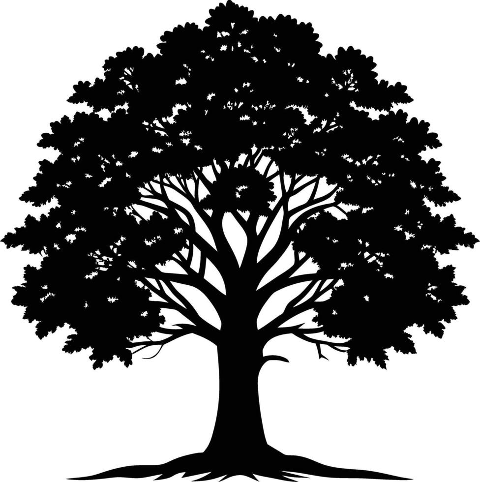 un roble árbol con raíces silueta negro vector