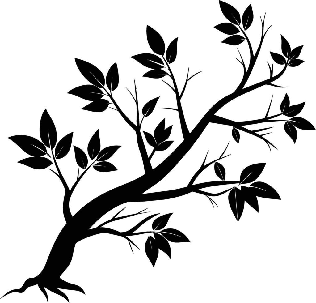 A tree branch silhouette with black leaf vector