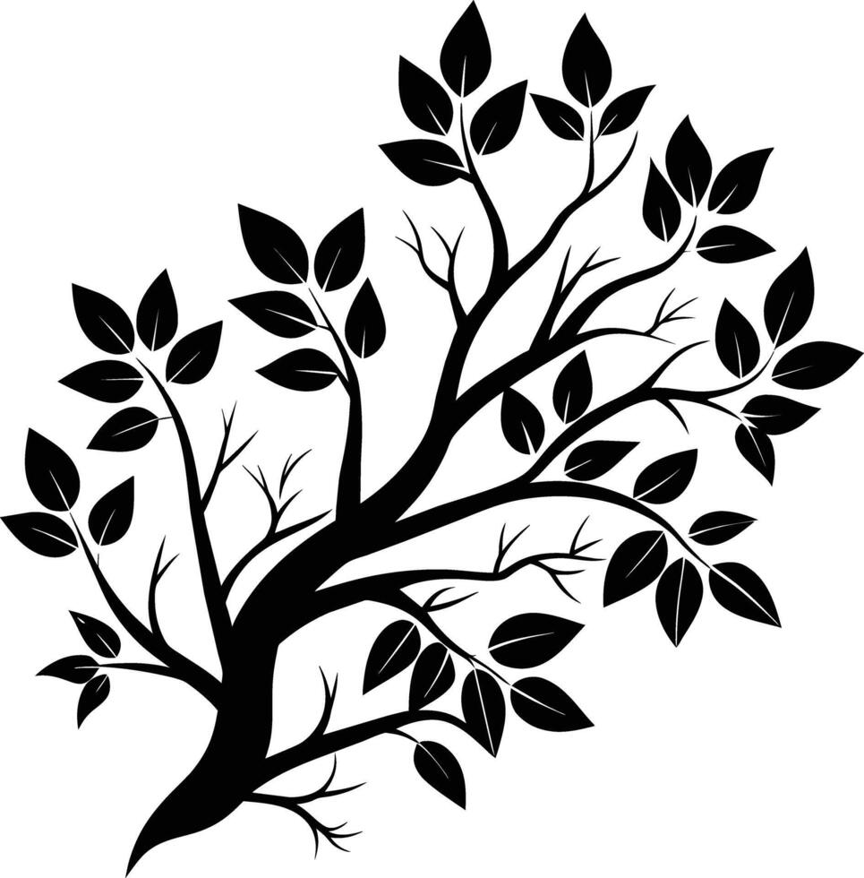 A tree branch silhouette with black leaf vector