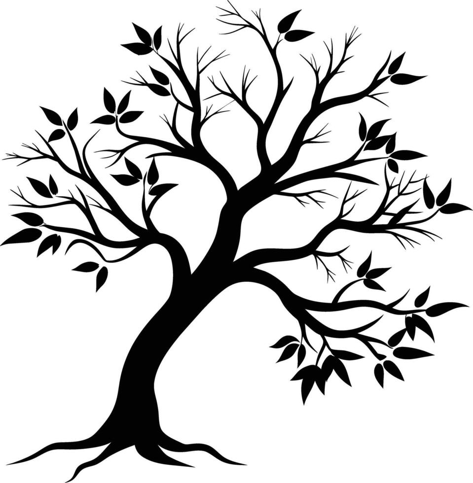 A tree branch silhouette with black leaf vector