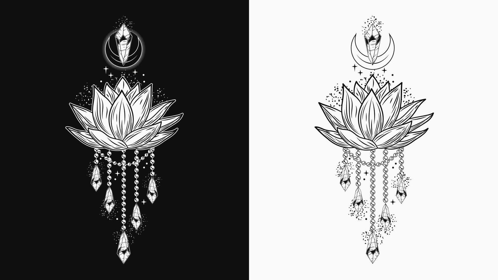 Vertical black and white label with lotus flower, magic crystal. Mysterious, mystical concept for meditation, clear consciousness. Vintage style. vector