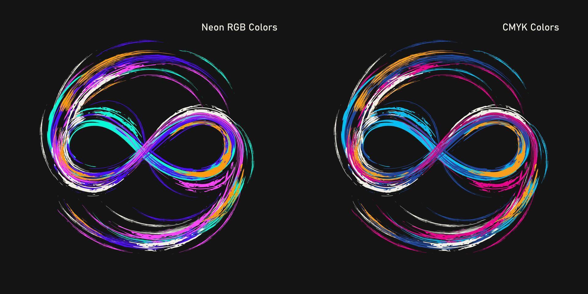 Infinity sign drawn with neon paint, splatter smudge paint. Two color scheme, CMYK, RGB. Grunge style. vector