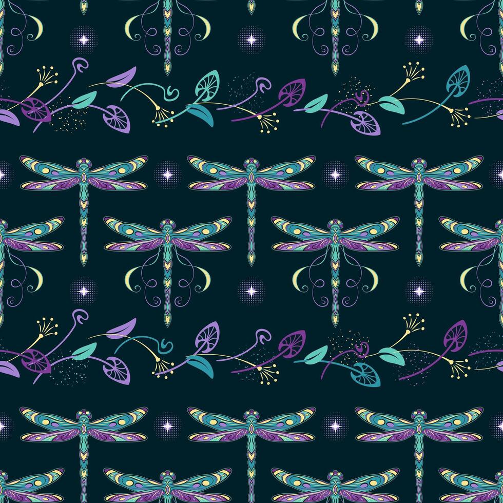 Mysterious seamless pattern with fantasy colored dragonflies, pixie, faerie, scattered leaves, sparkles. Mystical magic, sorcery concept. Art nouveau style. vector