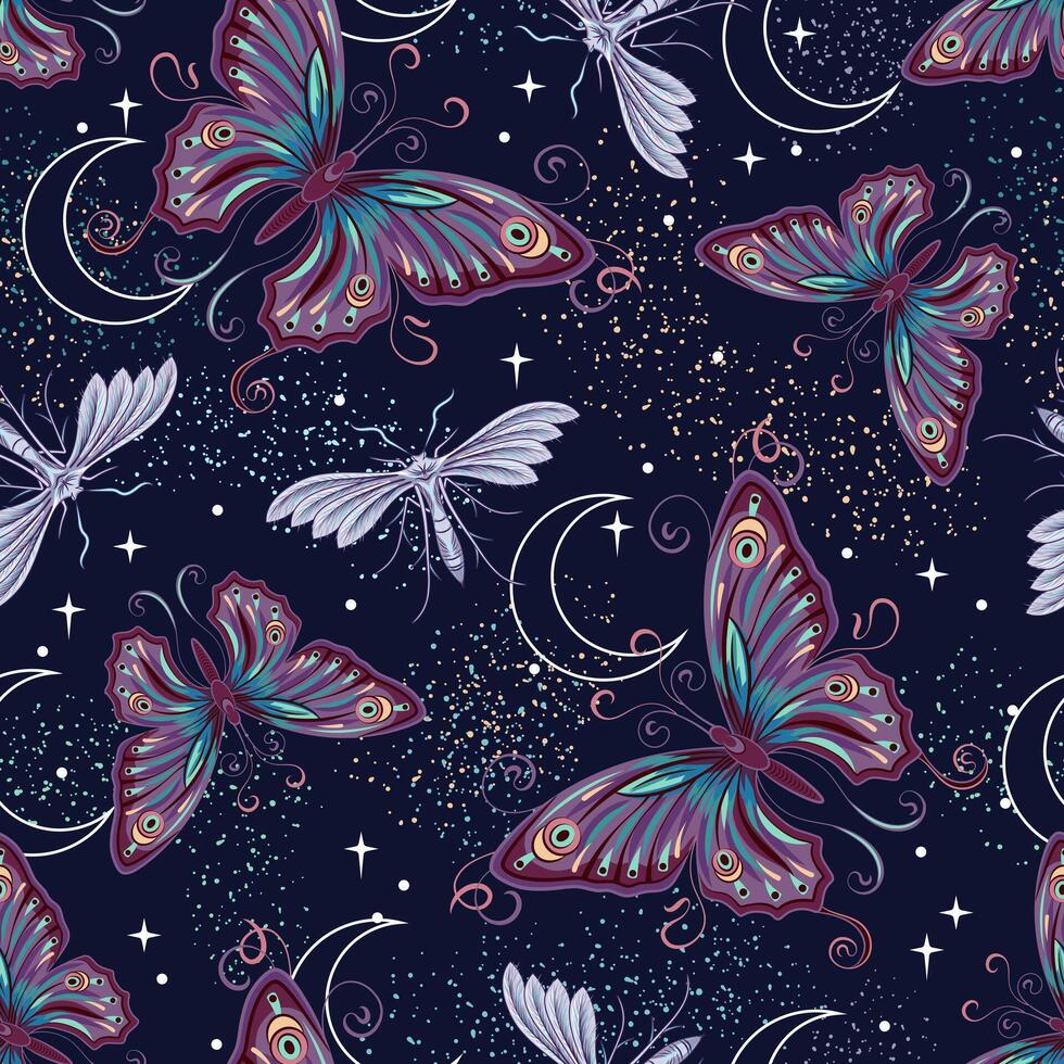 Mysterious seamless pattern with fantasy colored butterfly, moths, crescent moon, stars, star dust. Art Nouveau style. Vintage style. vector