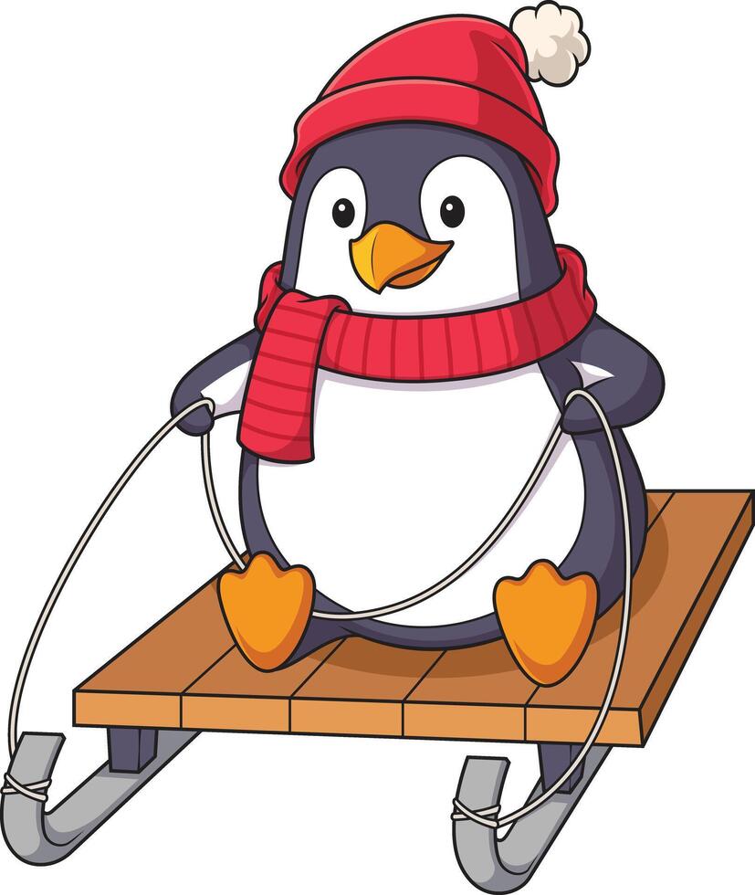 Winter penguin riding sleigh cartoon drawing vector