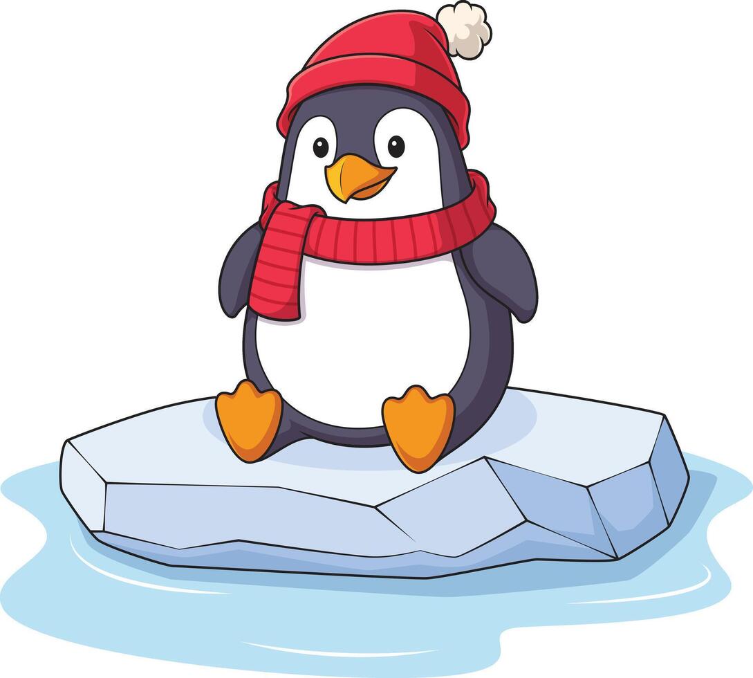 Winter penguin on floating ice cartoon drawing vector