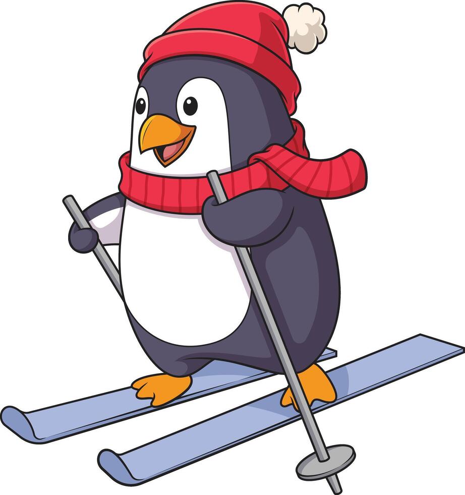Winter penguin skiing cartoon drawing vector