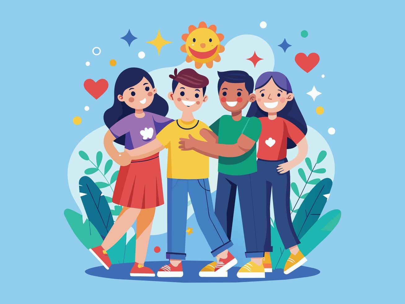 contento amistad día linda dibujos animados ilustración con Niños y muchachas poniendo su manos en plano estilo vector