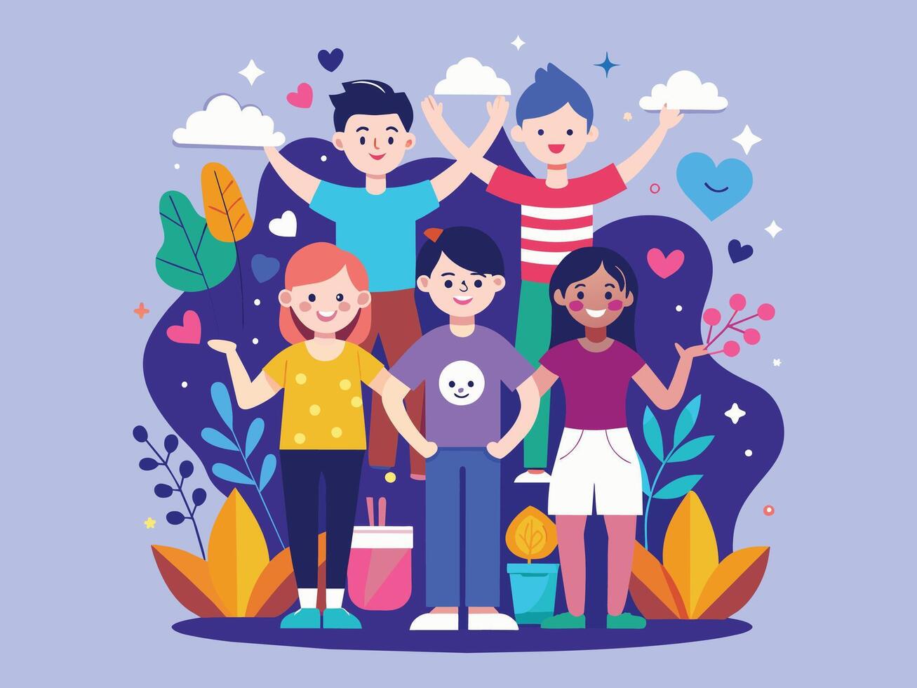 contento amistad día linda dibujos animados ilustración con Niños y muchachas poniendo su manos en plano estilo vector