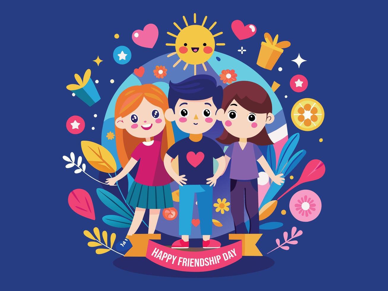 Happy Friendship Day Cute Cartoon Illustration with Boys and Girls Putting Their Hands in Flat Style vector