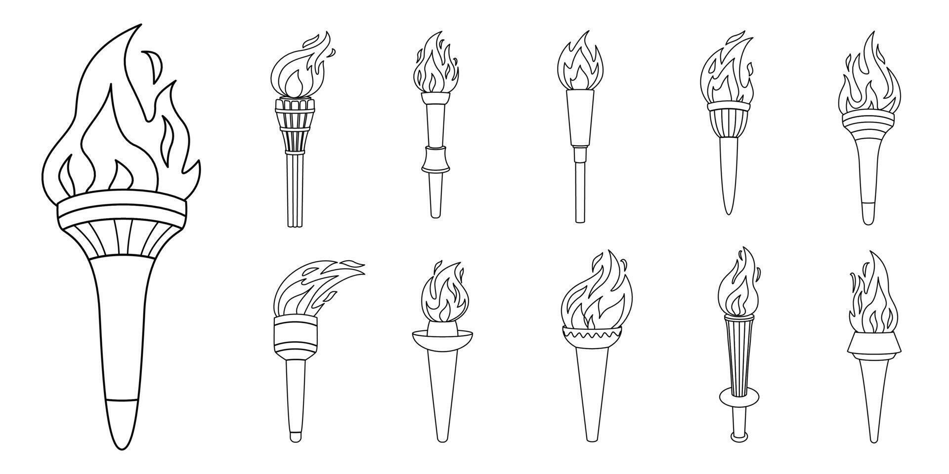 Torch with flame doodle icon set. The symbol of victory, success or achievement. Line art various flaming torches isolated on white. Doodle style hand drawn illustration vector