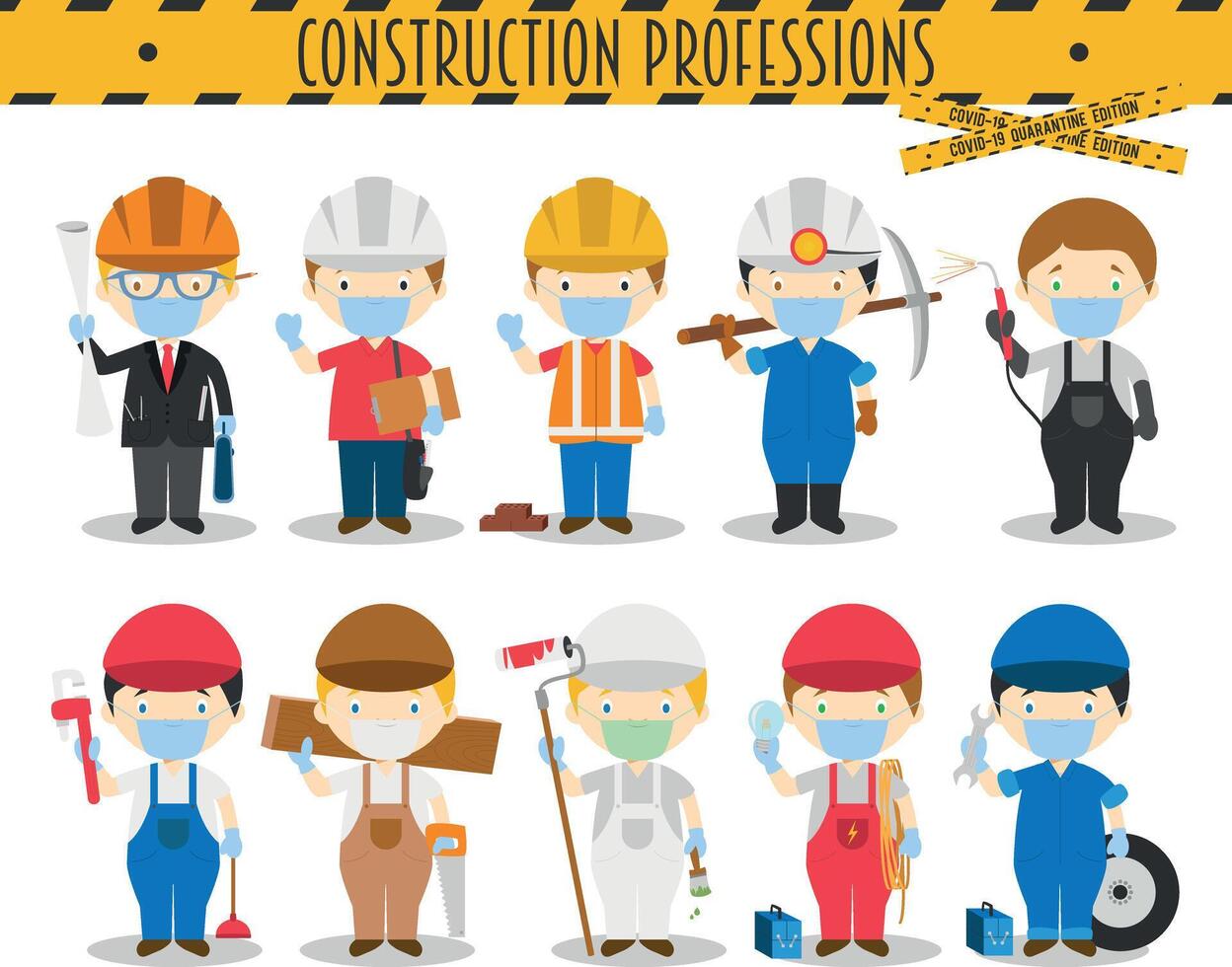 Covid 19 Health Emergency Special Edition. Set of Construction Professions with surgical masks and latex gloves in cartoon style vector