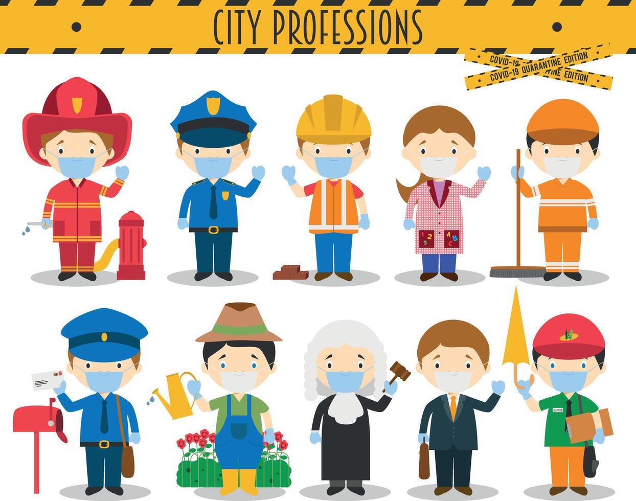 Covid 19 Health Emergency Special Edition. Set of City Professions with surgical masks and latex gloves in cartoon style vector
