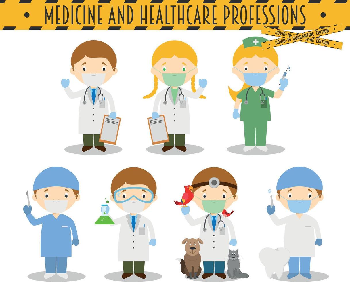 codicioso 19 salud emergencia especial edición. conjunto de medicina y cuidado de la salud profesiones con quirúrgico mascaras y látex guantes en dibujos animados estilo vector