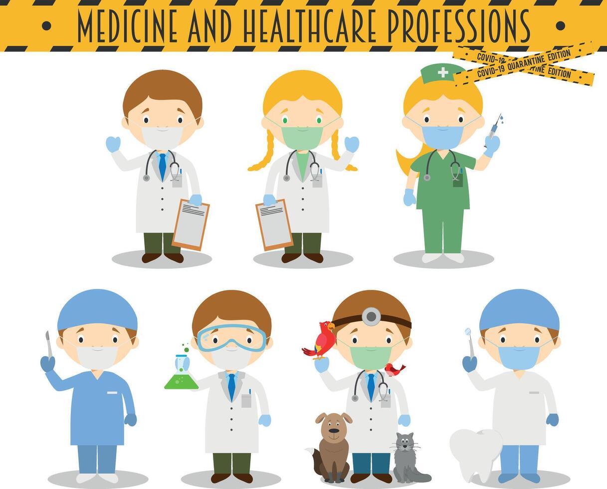 Covid 19 Health Emergency Special Edition. Set of Medicine and Healthcare Professions with surgical masks and latex gloves in cartoon style vector