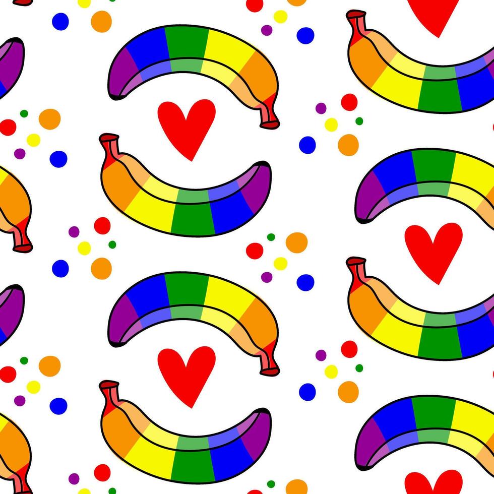 modelo de bananas de colores en un arcoíris. aislado frutas con color. un cerrado plátano en diferente posa, corazones. lgbt signo. adecuado para sitio web, Blog, producto embalaje, hogar decoración, papelería, más vector