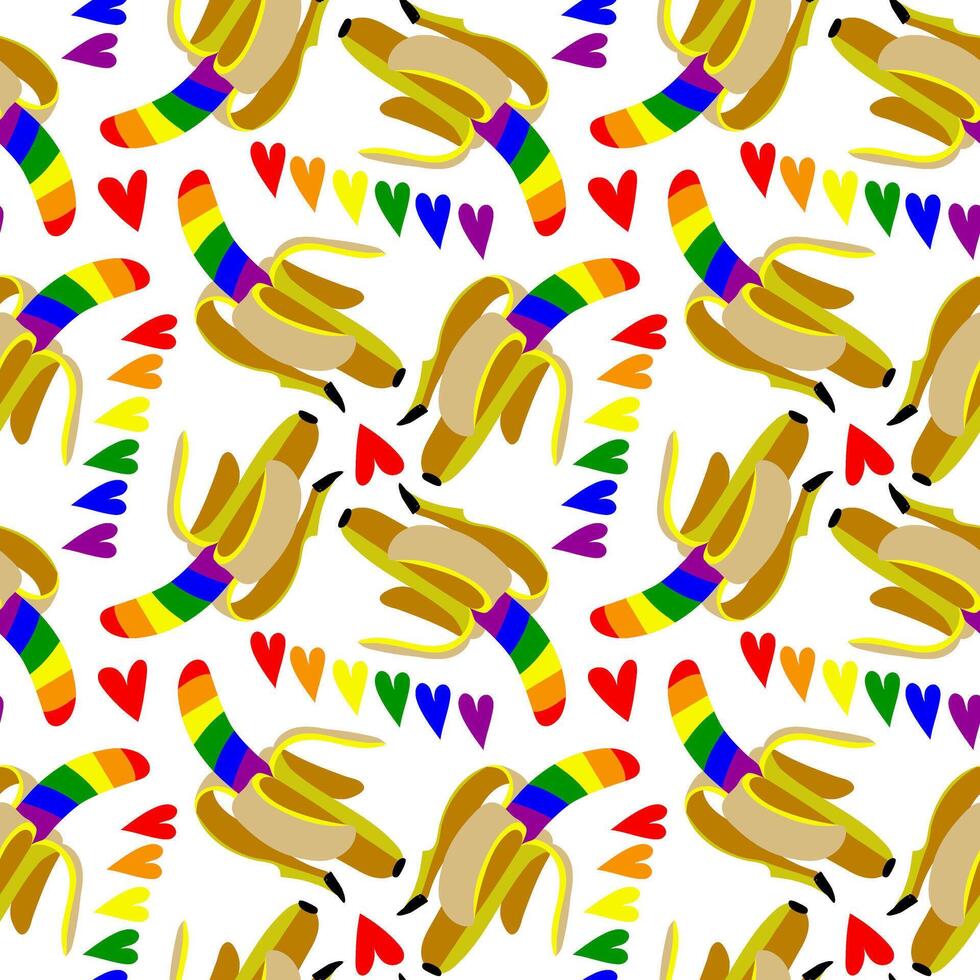 modelo de bananas de colores en un arcoíris. aislado frutas con color. un abierto plátano en diferente poses y corazones. un lgbt signo. adecuado para sitio web, producto embalaje, hogar decoración, papelería, más vector