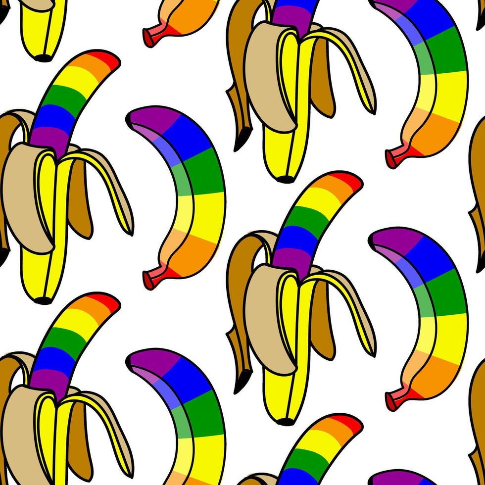 A pattern of bananas colored in a rainbow. Isolated fruits with color. An open and closed banana in different poses. An LGBT sign. Suitable for website, blog, product packaging, home decor, stationery vector