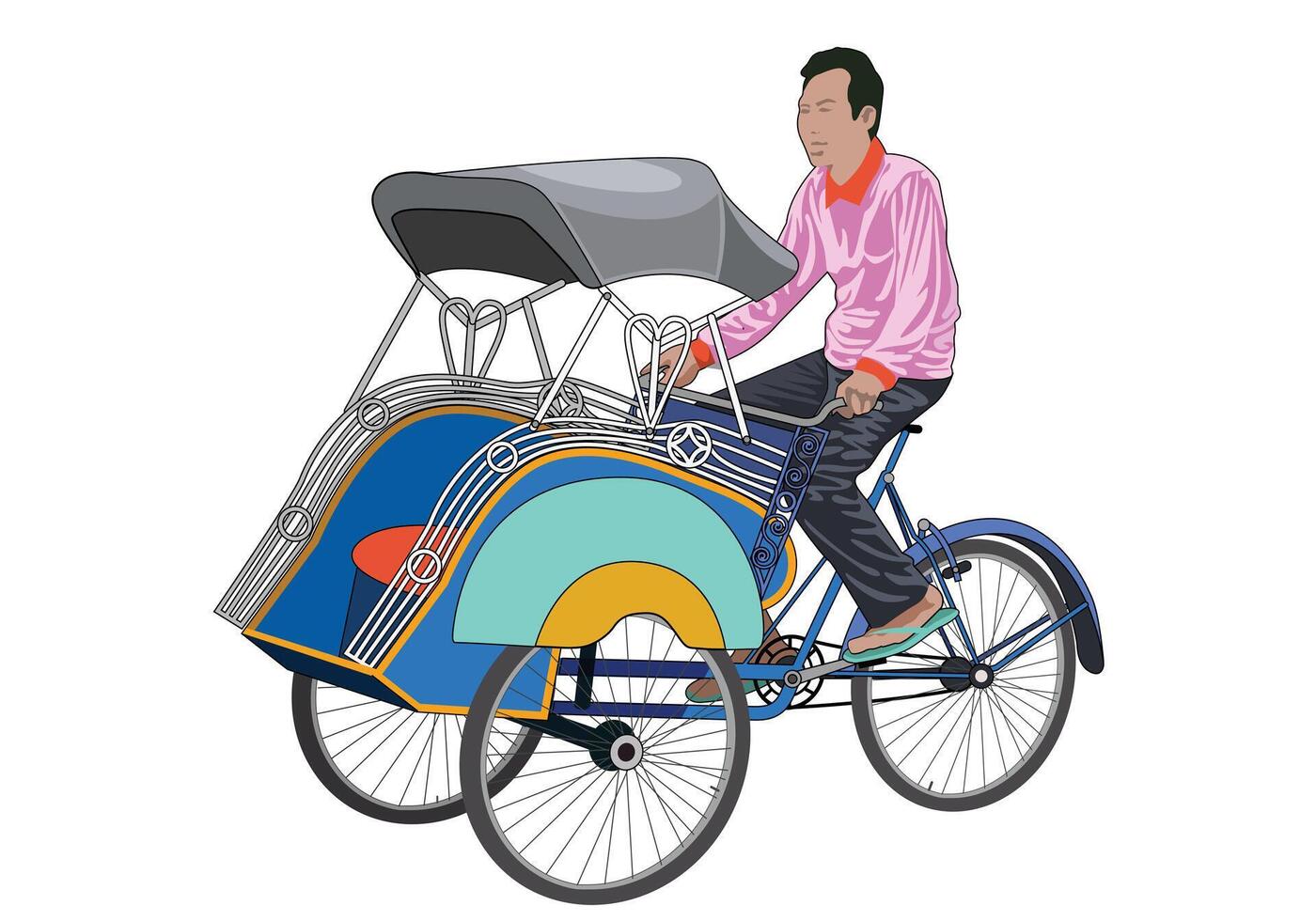Rickshaw becak yogyakarta. Tricycle mode of transportation vehicle. Isolated on white background. vector