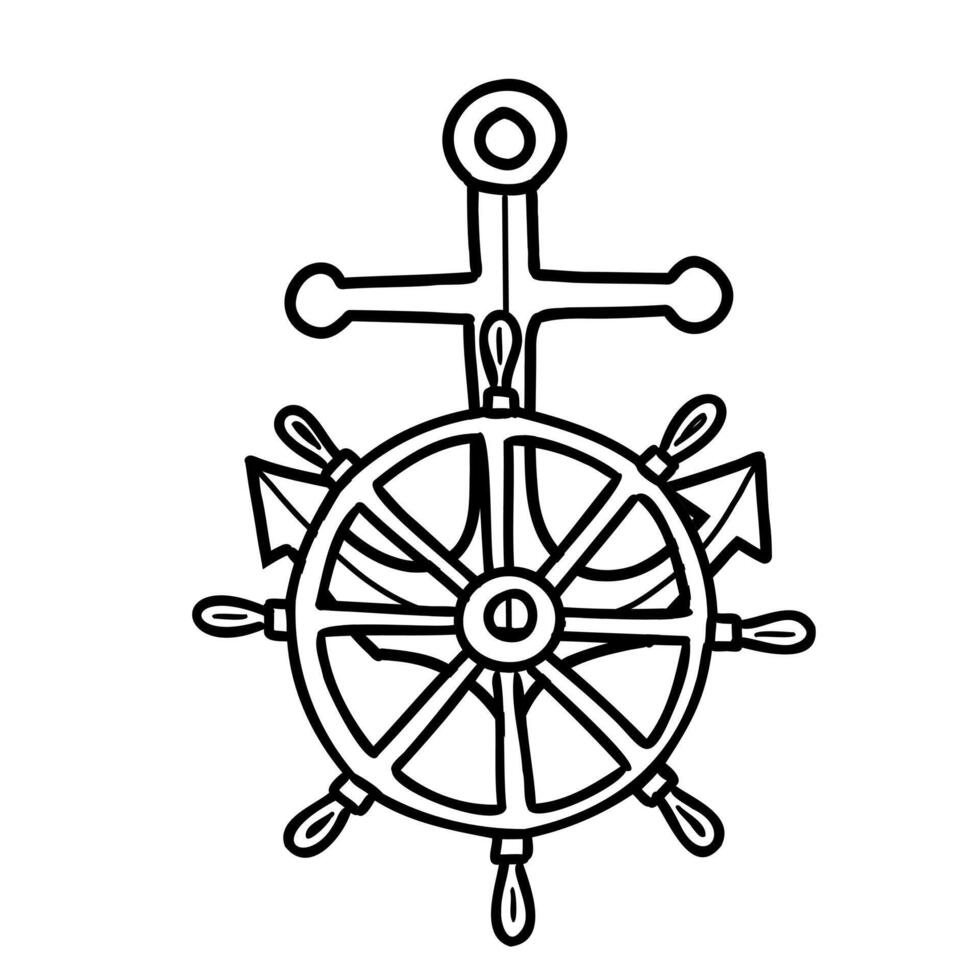 Marine Composition from with Steering Wheel and Nautical Anchor. Hand drawn illustration. Graphic Sketch. Isolated summer Sea art. vector