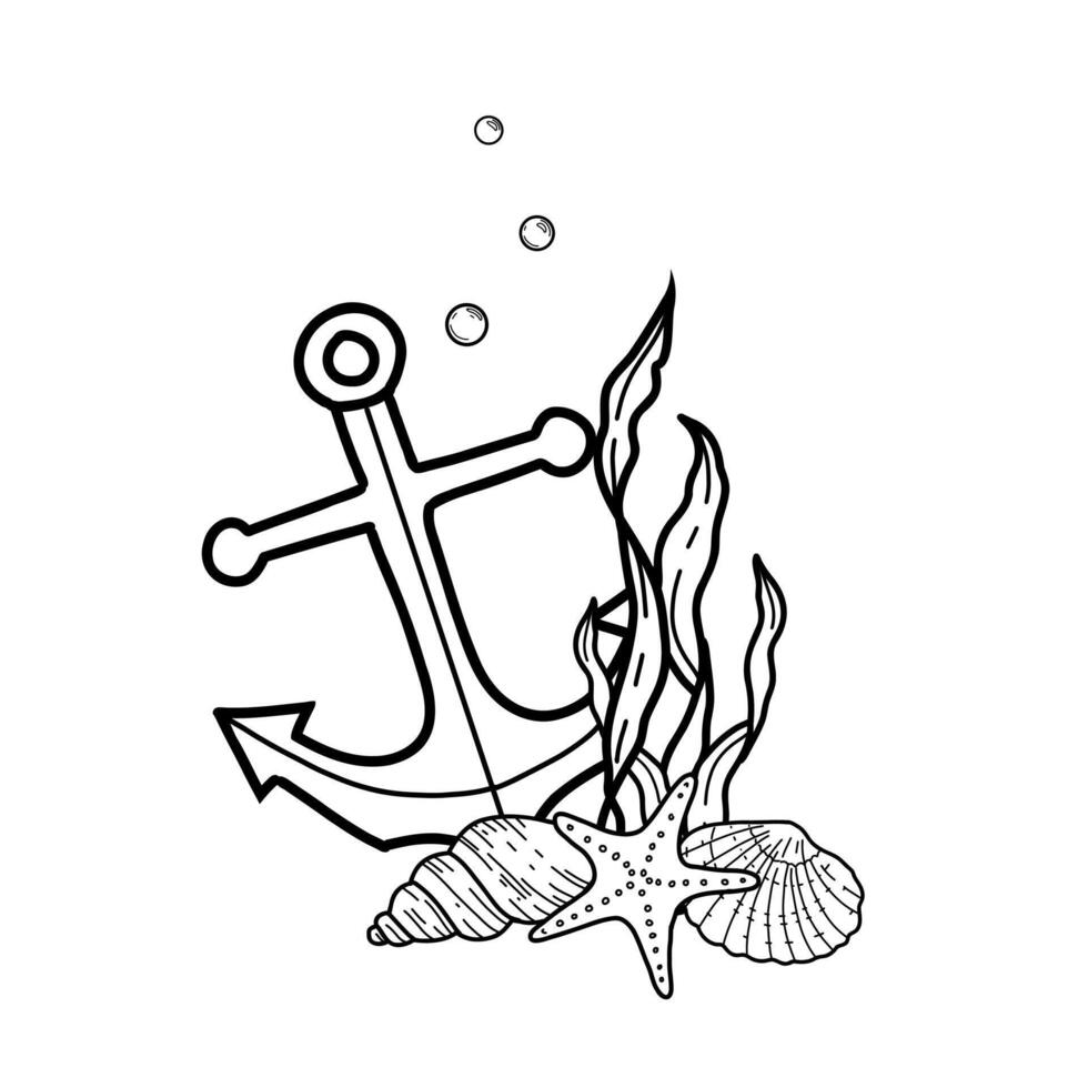 Underwater Composition of Seaweeds, Starfish, Seashells and nautical Anchor. Marine illustration. Hand drawn Graphic sketch. For menu, marine beach design. vector