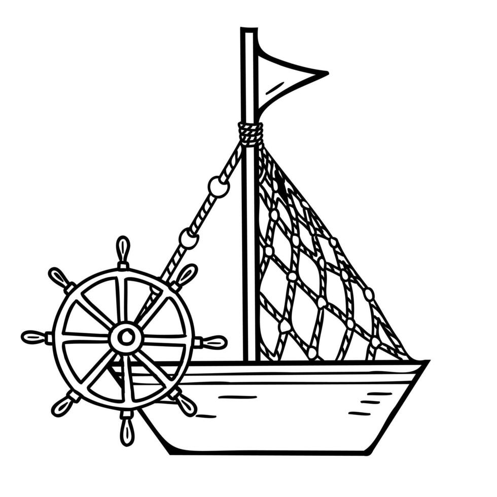 Cute Ship, Boat with Steering Wheel. Hand drawn illustration. Graphic Sketch. Isolated summer sea nautical element. vector