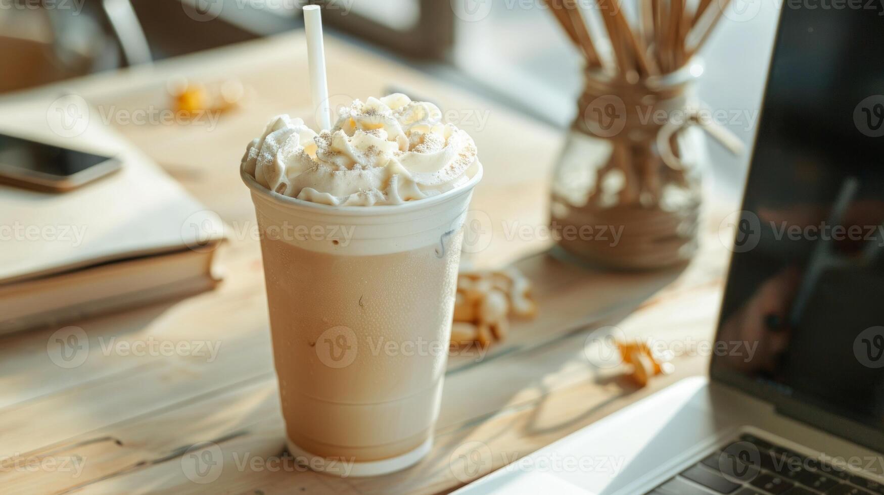 un frapé café en un trabajo mesa en un estilo boho oficina foto