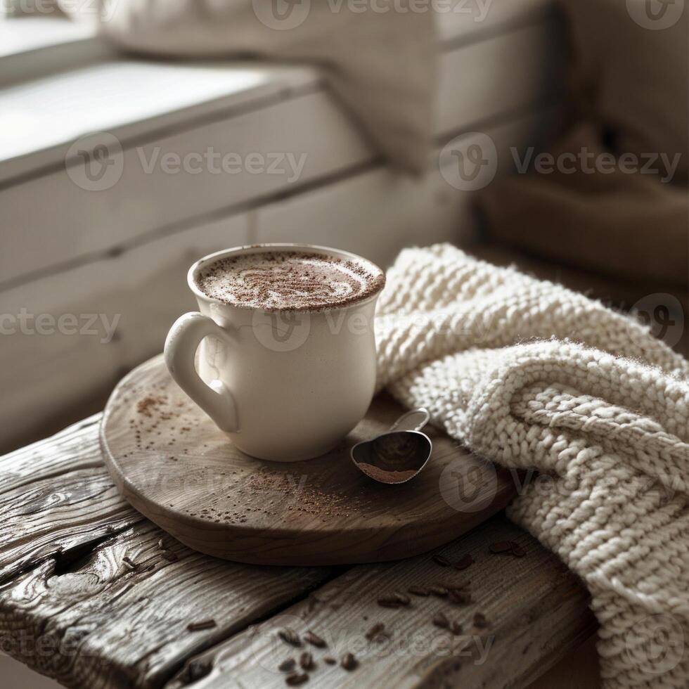 A cappuccino on a work table in a boho-style office photo