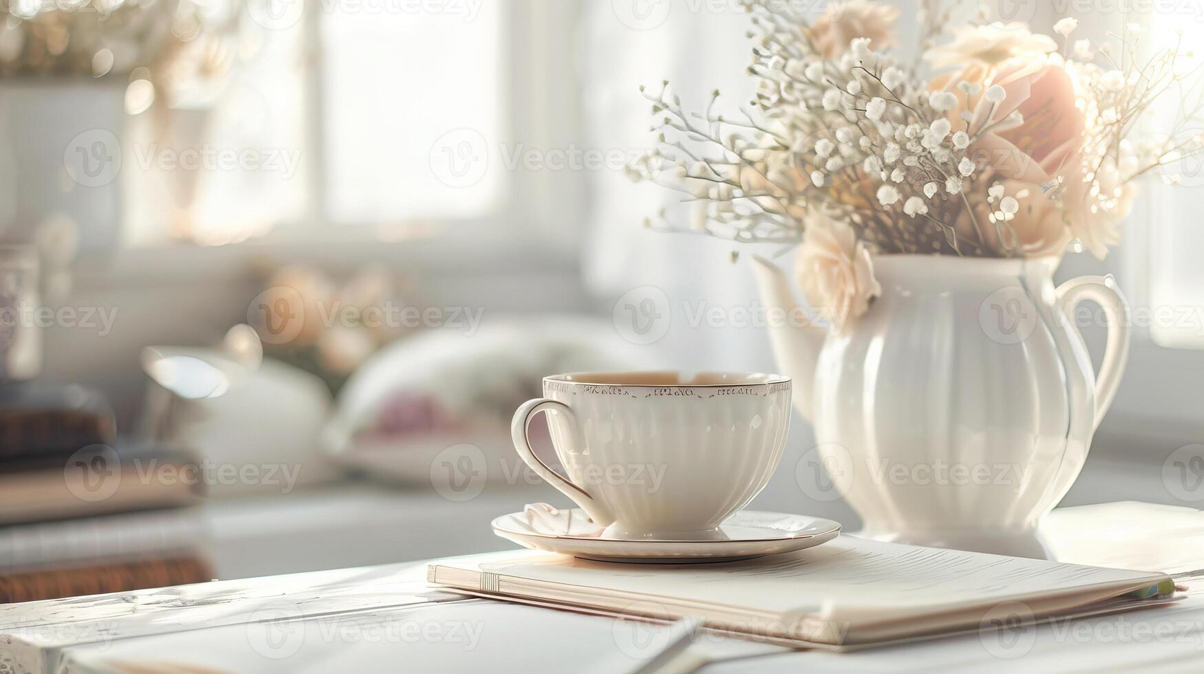 A cup of tea on a work table in a boho style office photo