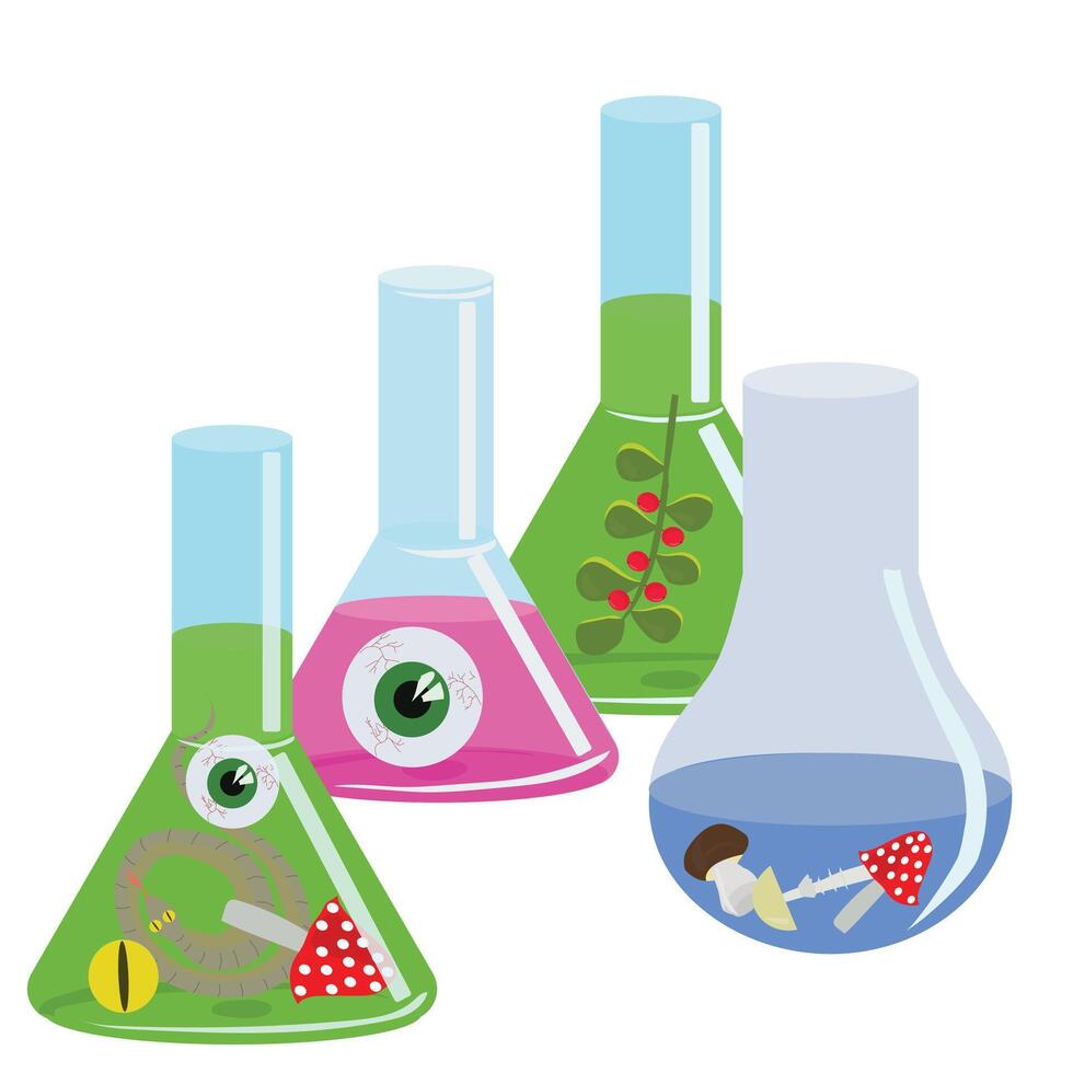 Glass flask with a witch's potion. illustration isolated on white background. vector