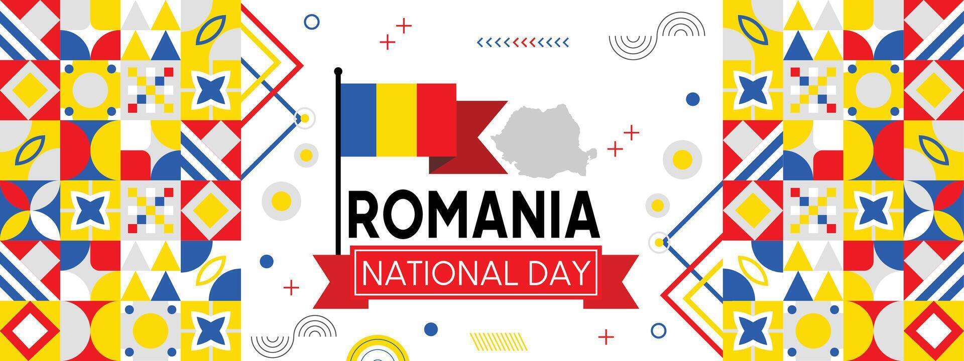 Romania national day banner with Romanian flag colors theme background and geometric abstract retro modern blue yellow red design. vector