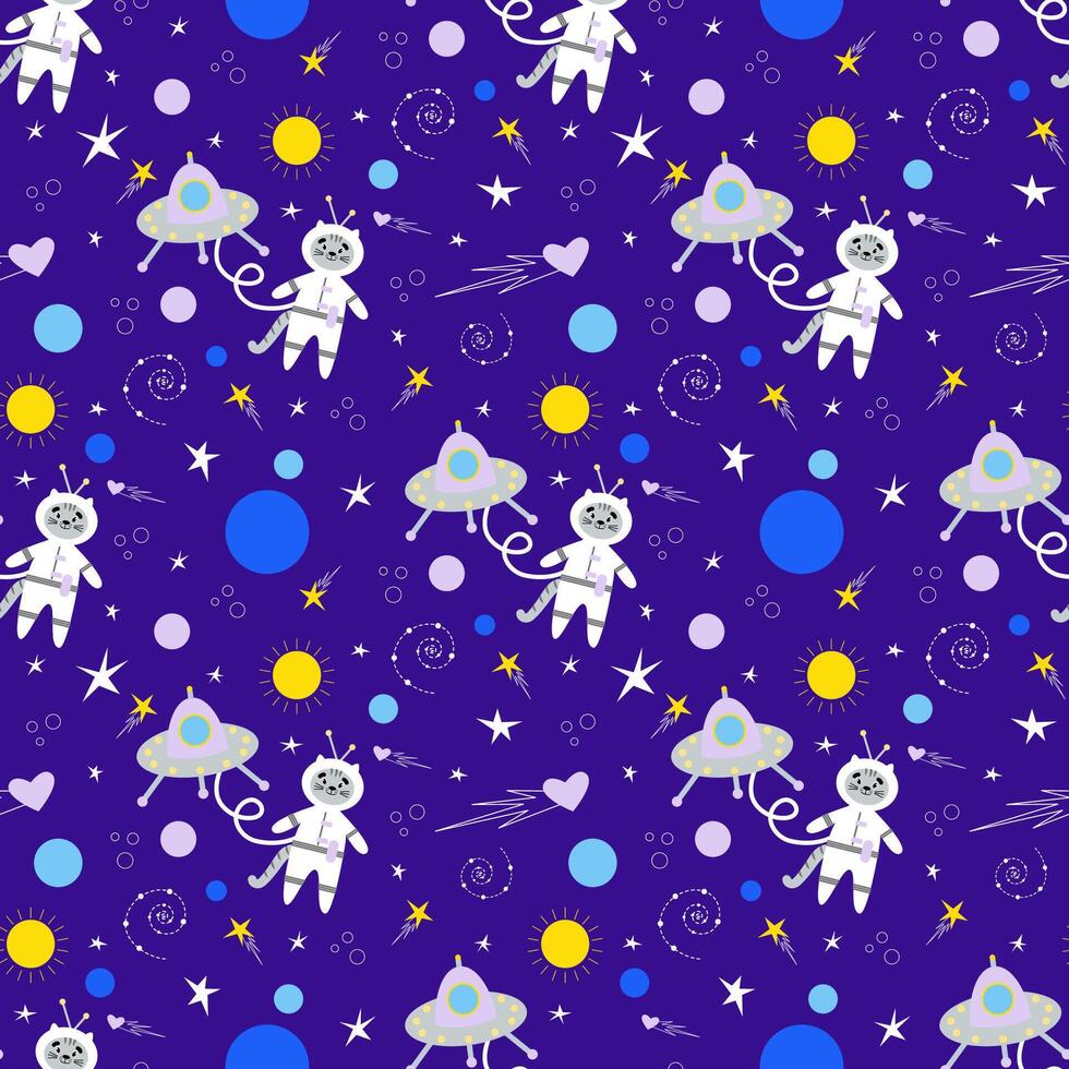 Seamless pattern, solar system planets with cute kids spaceship and cat as astronaut. vector