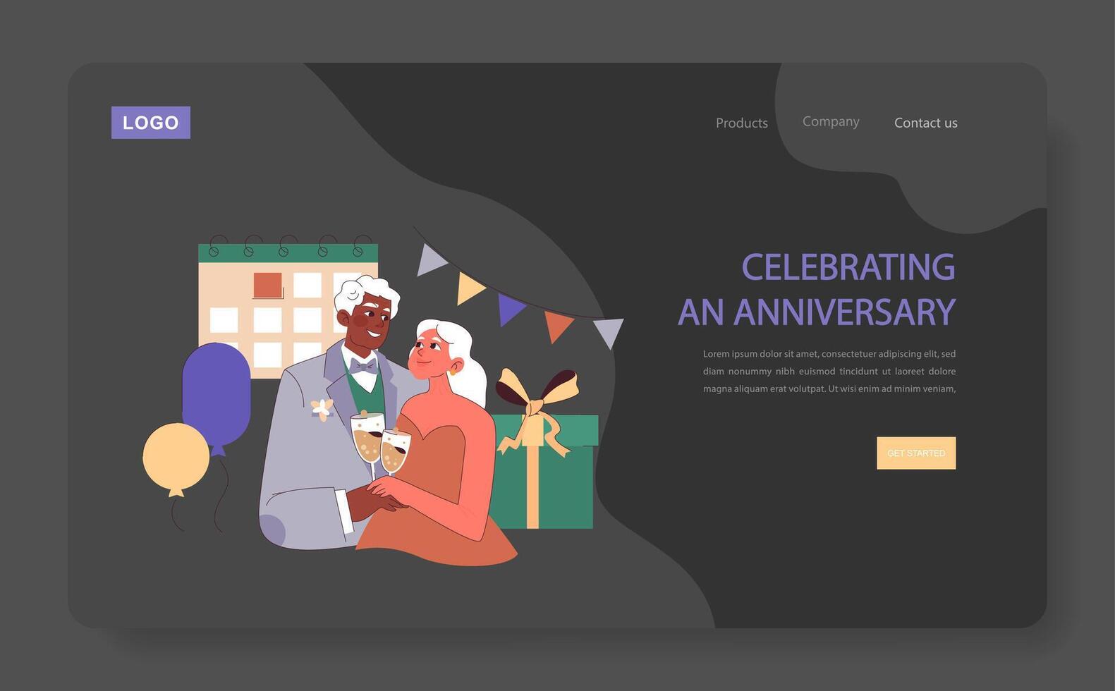 Celebrating an anniversary web or landing. Elderly couple toasting to another vector