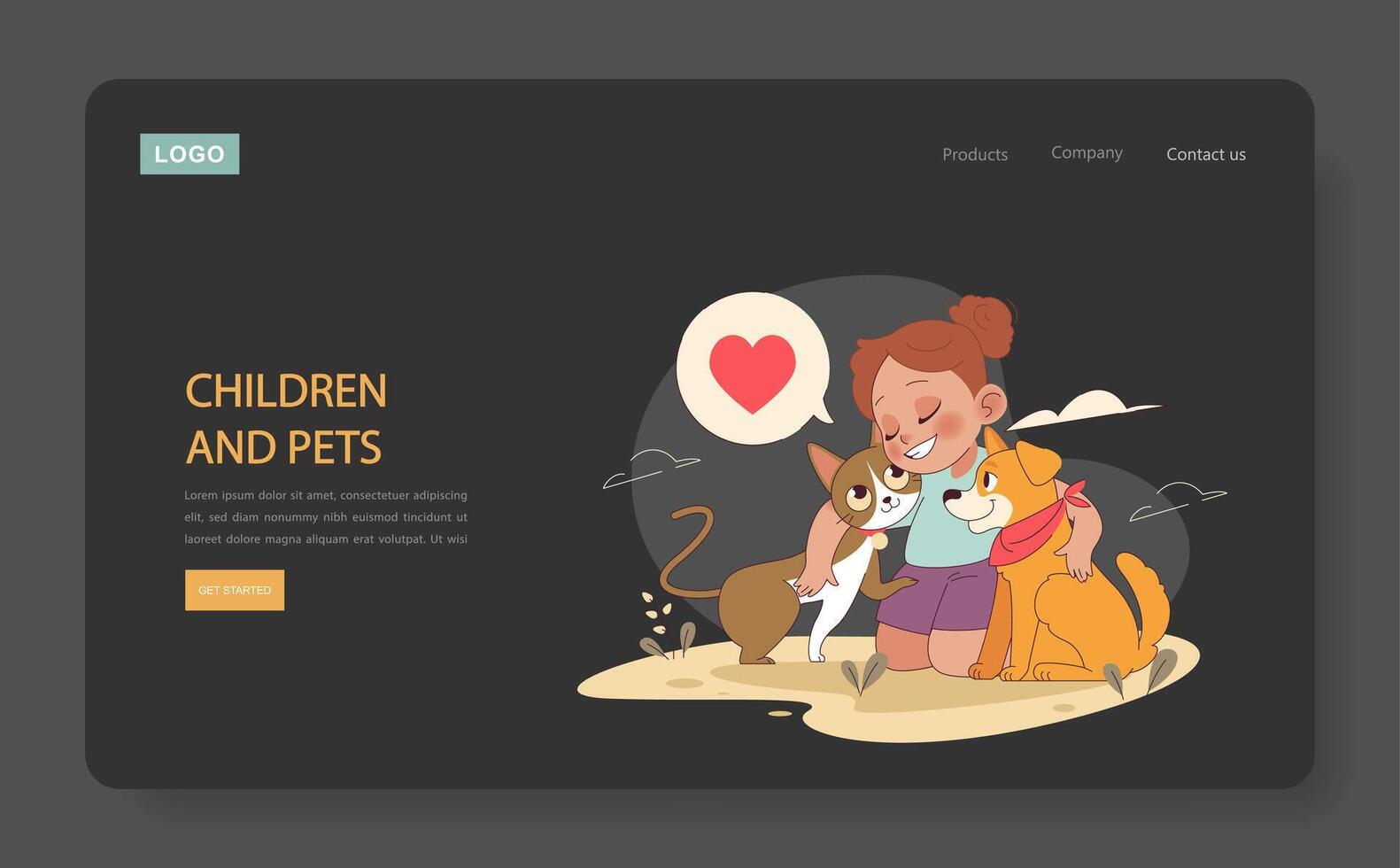 Children and Pets dark or night mode web, landing. Joyful interactions vector