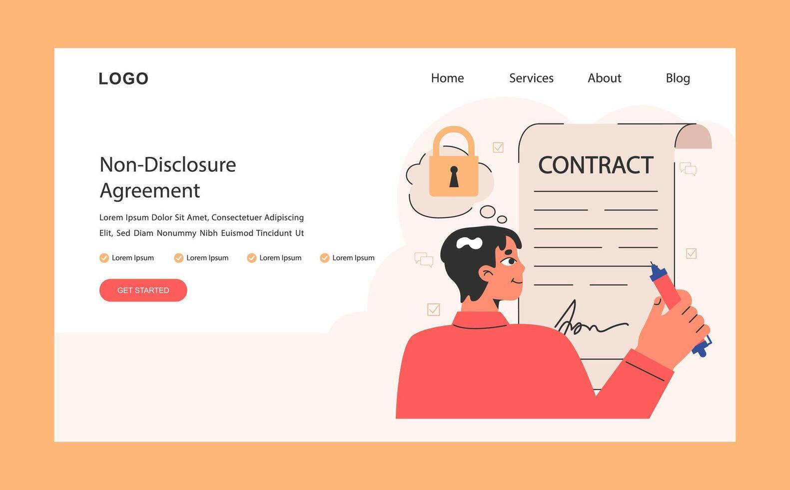 Non-disclosure agreement web banner or landing page. Signing contract, vector