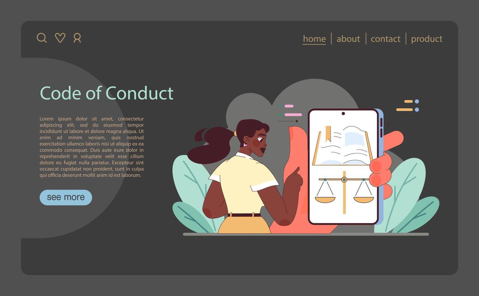 Code of Conduct concept. A person holds a tablet displaying scales of justice. vector