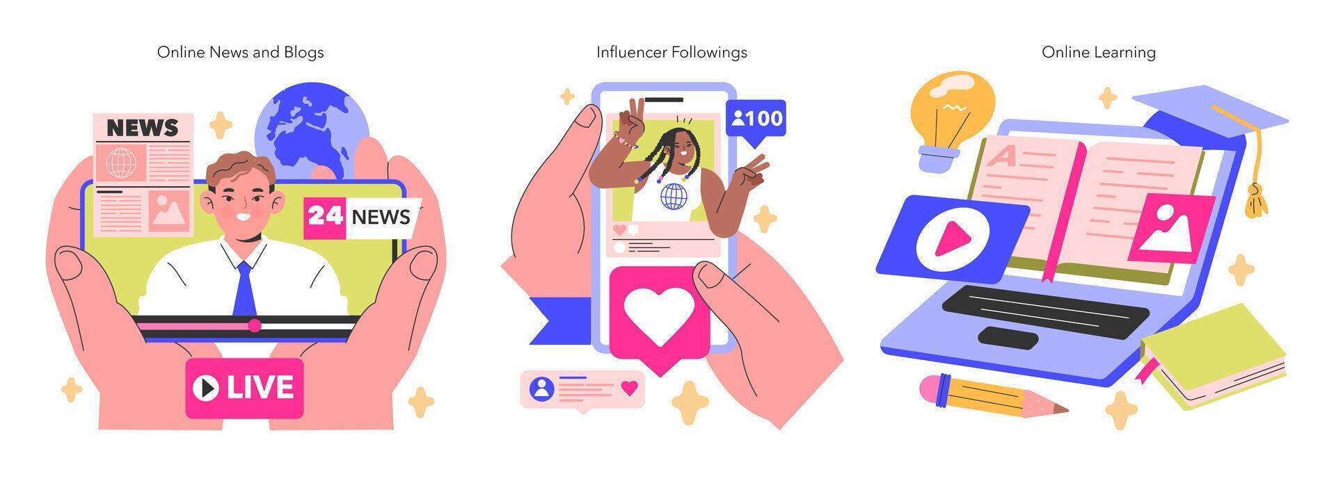 Media Consumption trio Navigating through online news, engaging with influencers, embracing e-learning Connectivity reshaping information and education illustration vector