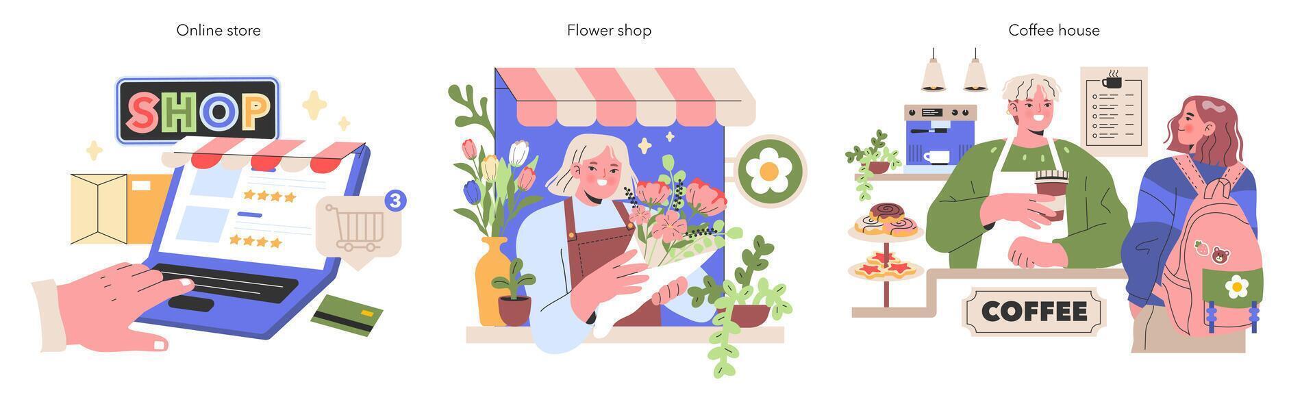 Digital and Traditional Small Business set Navigating the e-commerce realm, blooming flower shops, and cozy coffee houses The essence of modern entrepreneurship illustration vector