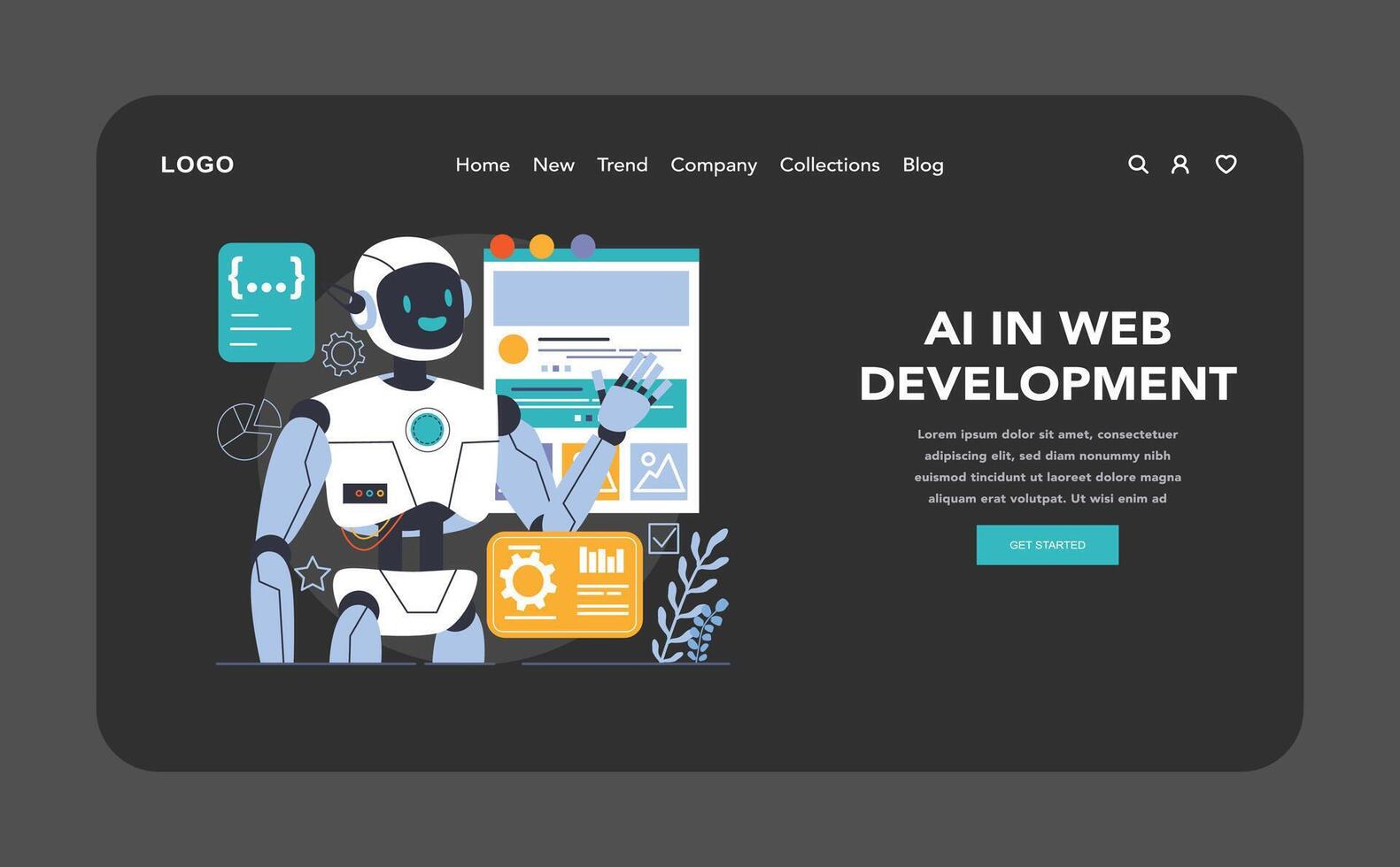 ai integración oscuro o noche modo web, aterrizaje. artificial inteligencia vector