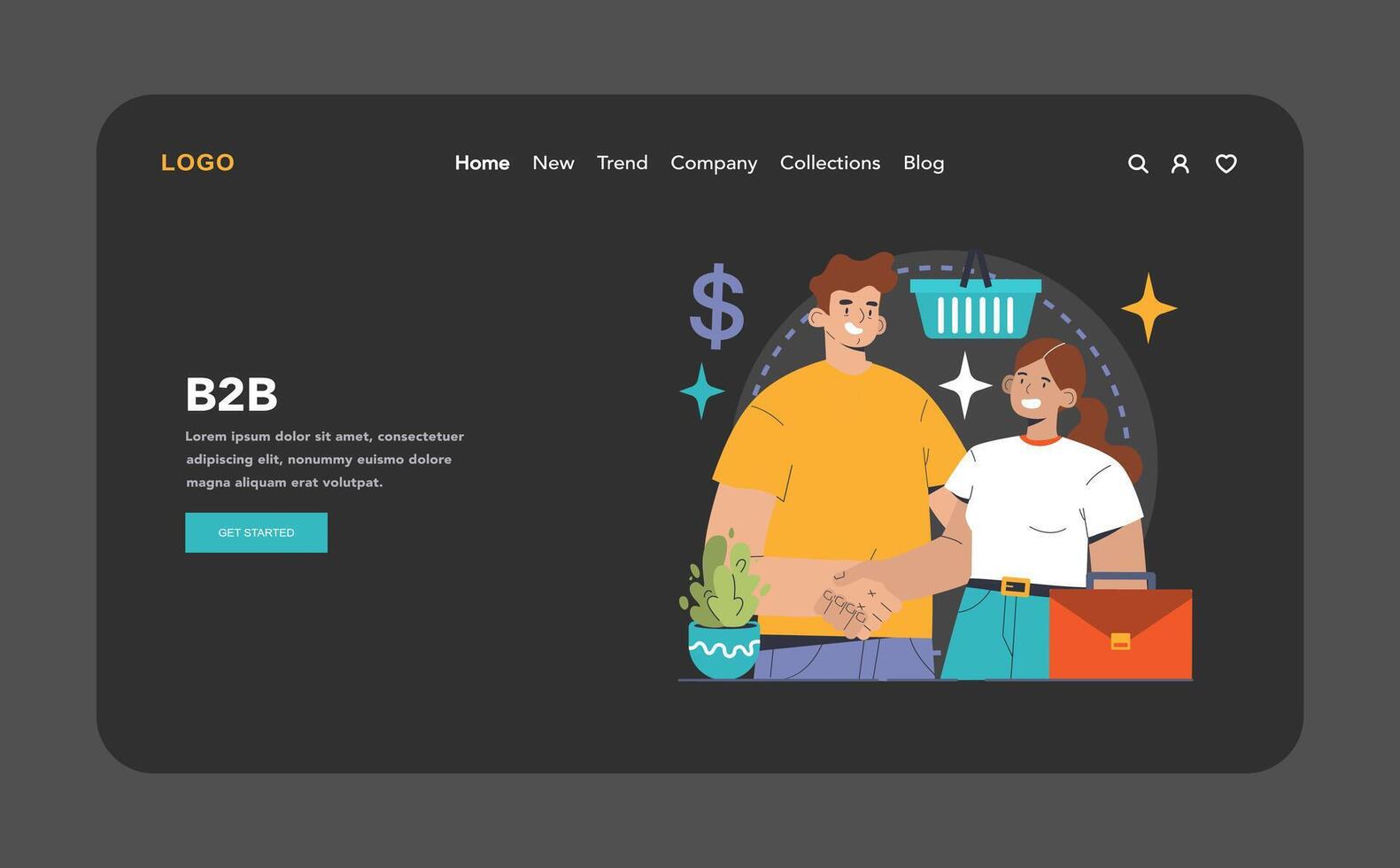 B2B business dark or night mode web, landing. Confident entrepreneurs vector